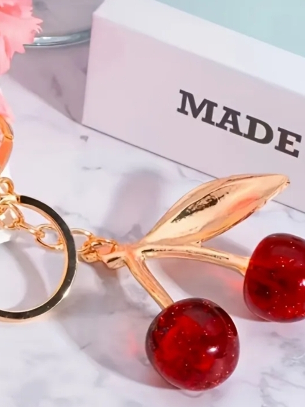 Gold Keychain with Red Resin Cherries Bag Charms Key Ring